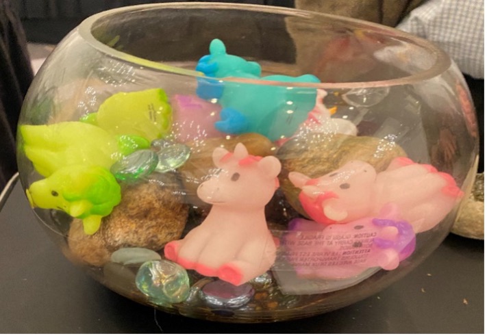 unicorns and rocks in a dry fishbowl